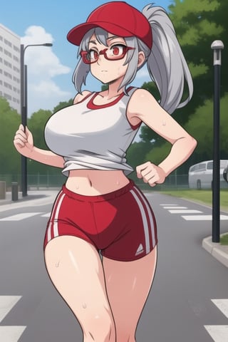 1 girl with fine features, silver hair, red eyes, big breasts, pronounced butt with sportswear, cap and glasses, ponytail, tight clothing, running/jogging/walking on the street, sweating, exposed navel