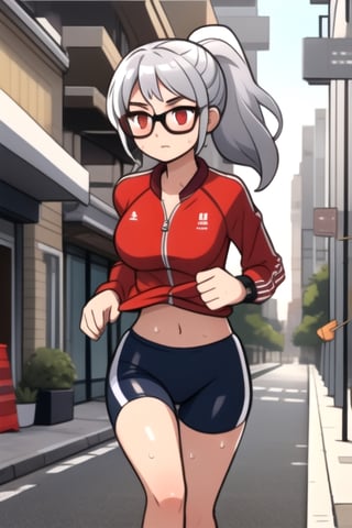 1 girl with fine features, silver hair, red eyes, big breasts, pronounced butt with sportswear, cap and glasses, ponytail, tight clothing, running/jogging/walking on the street, sweating, exposed navel