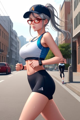 1 girl with fine features, silver hair, red eyes, big breasts, pronounced butt with sportswear, cap and glasses, ponytail, tight clothing, running/jogging/walking on the street, sweating, exposed navel