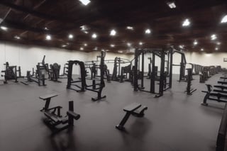 warehouse gym with the combination of modern and industrial  interior style , include open space and greenery 