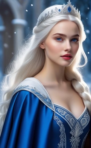 Photorealistic image ((Masterpiece)), ((High quality)) UHD 8K, of a beautiful girl Realistic, Thin, tall, (Medium chest), (Skinny waist), (Long, snow-white hair), (Intense blue eyes , bright), ((ice princess crown)), ((princess dress with neckline and snow-white cape, intricate details, runic symbols)), (ultra-realistic face and shoulders portrait), photo realistic, natural lighting, professional DSLR camera