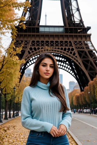 Photo of a beautiful model, a very phenoenal beautiful woman, Iranian, young, long brown hair hair, blue eyes, bust size C, wearing a fall outfit style in front of eiffel, very realistic photo, high details, full body photo::1, 8K, RAW, high quality film grain, photo taken with nikon d85 camera