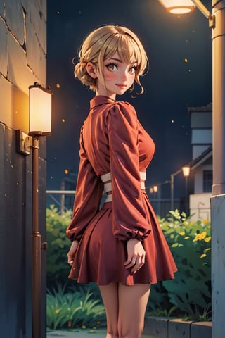 navia_gi, a girl with yellow eyes, short hair, blonde hair, beautiful woman, perfect body, perfect breasts, Pamela dress, (red dress:1.2), cowboy_shot, standing, back shot, against a wall, leaning on the wall, night time, street lamps, lights, light particles, depth of field, innocent girl, gentle smile, looking at the audience, masterpiece, super detailed, high detail, high quality, best quality, 1080p, 16k,Pamela dress,yoimiyadef