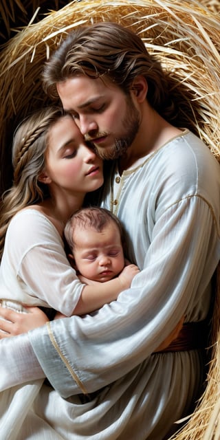 Create an intimate image of the Holy Family: Lying on a pile of straw, (the young and beautiful virgin Mary (15 years old) hugs the newborn baby Jesus), while (the bearded Joseph (30 years old) hugs them both). Everyone sleeps while (a beautiful angel with a transparent body and long straight hair) watches over them standing next to them.
Perfect faces,  perfect hands, perfect fingers, 
((Masterpiece, 8k)),  (photorealistic:1.8),  ((intricate details, high_resolution, highest quality)) ,yofukashi background,more detail XL,Movie Still,