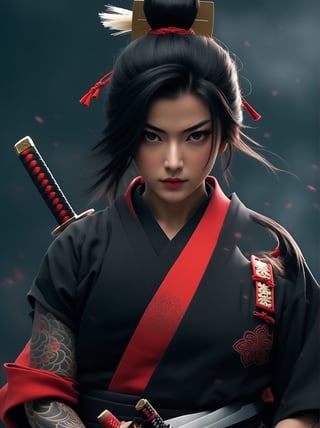 Create an image of  a Japanese samurai or warrior.She has intricate tattoos on her arms and chest, and she is wearing a black kimono with red accents.The character is also wielding a katana, which is sheathed across her back, suggesting a blend of traditional elements with a modern aesthetic.  The design and details like the tattoos and attire are indicative of a creative interpretation rather than an accurate historical representation.Asian