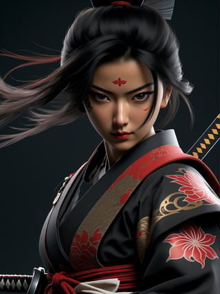 Create an image of  a Japanese samurai or warrior.She has intricate tattoos on her arms and chest, and she is wearing a black kimono with red accents.The character is also wielding a katana, which is sheathed across her back, suggesting a blend of traditional elements with a modern aesthetic.  The design and details like the tattoos and attire are indicative of a creative interpretation rather than an accurate historical representation.Asian,Asian