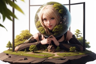 (best quality), (4k resolution), creative illustration of a miniature world on a white pedestal. The world is a green sphere with various natural and artificial elements. There is a river, trees, mountains, and a small house on the sphere. The image has a minimalist style with a light color palette that creates a contrast with the white background. The image gives a sense of wonder and curiosity about the tiny world and its inhabitants.,ff14bg,High detailed