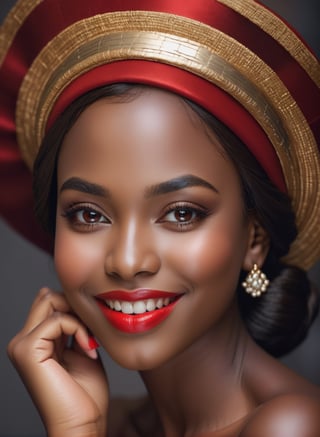 beauty face, brown eyes, lovely smile,full red lips,hand under chin, dark skin,headwear.