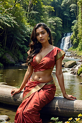 portrait,woman,  very very large sexy breast,soft indian cotton red saree dress, colorful,flower armor, good anatomy, best quality, (((masterpiece))), high quality, realist, best detailed, details, realist skin, skin detailed, underboobs, meadows and waterfall background ,sitting in river, holding flower basket ,