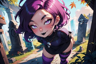 (goth girl with a monster pet), 1girl, black dress, skull necklace, striped thighhighs, striped sleeves, (short purple hair), ((hair covering eyes, hair over eyes)), (short, wide hips, thick thighs, curvy figure:1.2), ((black lipstick)), (smirk), (from side, from above), leaning back, Gaz, GAgoth, 

(detailed ladscape, cemetary, autumn weather), (dynamic_angle:1), (dynamic_pose:1.2), 

(masterpiece:1.2), (best quality, highest quality), (ultra detailed), (8k, 4k, intricate), (50mm), (highly detailed:1.2), (detailed face:1.2), detailed_eyes, (gradients), (ambient light:1.3), (cinematic composition:1), Accent Lighting, extremely detailed, original, highres, (perfect_anatomy:1.2), High detailed