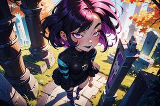 (goth girl with a monster pet), 1girl, black dress, skull necklace, striped thighhighs, striped sleeves, (short purple hair), ((hair covering eyes, hair over eyes)), (short, wide hips, thick thighs, curvy figure:1.2), ((black lipstick)), (smirk), (from side, from above), leaning back, Gaz, GAgoth, 

(detailed ladscape, cemetary, autumn weather), (dynamic_angle:1), (dynamic_pose:1.2), 

(masterpiece:1.2), (best quality, highest quality), (ultra detailed), (8k, 4k, intricate), (50mm), (highly detailed:1.2), (detailed face:1.2), detailed_eyes, (gradients), (ambient light:1.3), (cinematic composition:1), Accent Lighting, extremely detailed, original, highres, (perfect_anatomy:1.2), High detailed