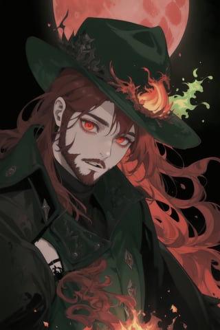 A portrait of a handsome man in slick collared red armored trenchcoat , wearing a red fedora, neck-length wavy hair , 25 years old of age , full beard , white background with green paint splash, evil face expression, red eyes , wearing a thin black turtleneck , reddish hair,The Dark Huntsman ,black steel cane , halberd on the back , blend, bright eyes , green fire ,wearing black gloves , pyromancer , crimson moon in the background 