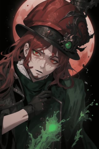 A portrait of a handsome man in slick collared red armored trenchcoat , wearing a red fedora, neck-length wavy hair , 25 years old of age , full beard , white background with green paint splash, evil face expression, red eyes , wearing a thin black turtleneck , reddish hair,The Dark Huntsman ,black steel cane , halberd on the back , blend, bright eyes , green fire ,wearing black gloves , pyromancer , crimson moon in the background 