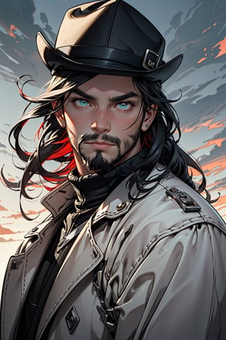 (anime style) , glowing red eyes, {{{facial hair, beard, black haired}}}, thick eyebrows , fit body, 25 years old, mature, charming, alluring, dejected, calm eyes, (standing), (upper body in frame), winter scenery, snow on plains, grey blue cloudy sky, dawn, only1 image, perfect anatomy, perfect proportions, perfect perspective, 8k, HQ, (best quality:1.5, hyperrealistic:1.5, photorealistic:1.4, madly detailed CG unity 8k wallpaper:1.5, masterpiece:1.3, madly detailed photo:1.2), (hyper-realistic lifelike texture:1.4, realistic eyes:1.2), picture-perfect face, perfect eye pupil, detailed eyes, realistic, HD, UHD, (front view, symmetrical picture, vertical symmetry:1.2) ,weapon , A portrait of a handsome man in slick collared red armored trenchcoat , wearing a red fedora, neck-length wavy hair , full beard , white background, serious face expression, red eyes , wearing a thin black turtleneck , reddish hair,The Dark Huntsman ,black steel cane ,sword on the back , blend, bright eyes , green flames , black boots , black gloves , hand in the pocket , torso shot ,weapon , reddish hairshade , 