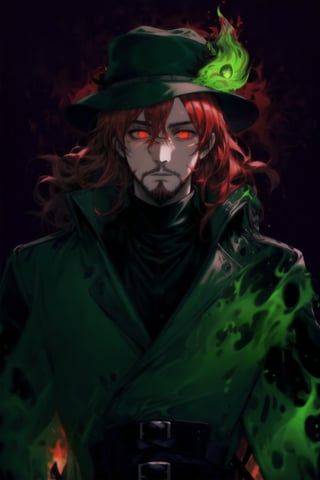 A portrait of a handsome man in slick collared red armored trenchcoat , wearing a red fedora, neck-length wavy hair , 25 years old of age , full beard , white background with green paint splash, evil face expression, red eyes , wearing a thin black turtleneck , reddish hair,The Dark Huntsman ,black steel cane , halberd on the back , blend, bright eyes , green fire ,wearing black boots and black gloves , pyromancer ,