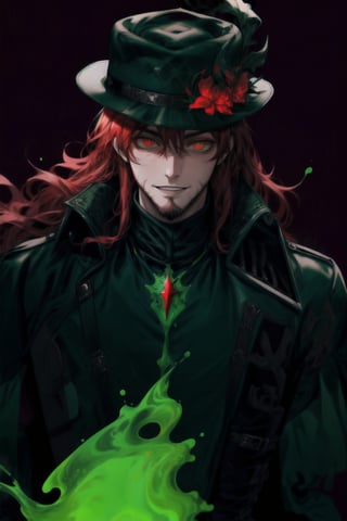 A portrait of a handsome man in slick collared red armored trenchcoat , wearing a red fedora, neck-length wavy hair , 25 years old of age , full beard , white background with green paint splash, evil face smile expression, red eyes , wearing a thin black turtleneck , reddish hair,The Dark Huntsman ,black steel cane , halberd on the back , blend, bright eyes , green fire , black boots , black gloves , 