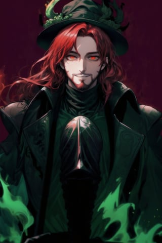 A portrait of a handsome man in slick collared red armored trenchcoat , wearing a red fedora, neck-length wavy hair , 25 years old of age , full beard , white background with green paint splash, evil face smile expression, red eyes , wearing a thin black turtleneck , reddish hair,The Dark Huntsman ,black steel cane , halberd on the back , blend, bright eyes , green fire ,wearing black boots and black gloves , pyromancer ,