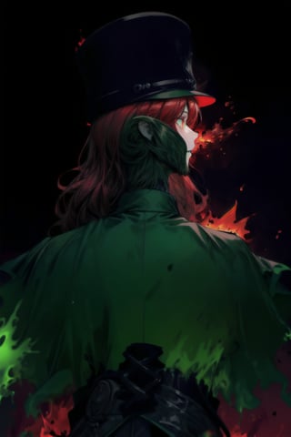 A portrait of a handsome man in slick collared red armored trenchcoat , wearing a red fedora, neck-length wavy hair , 25 years old of age , full beard , white background with green paint splash, evil face expression, red eyes , wearing a thin black turtleneck , reddish hair,The Dark Huntsman ,black steel cane , halberd on the back , blend, bright eyes , green fire ,wearing black boots and black gloves , pyromancer , crimson moon in the background 