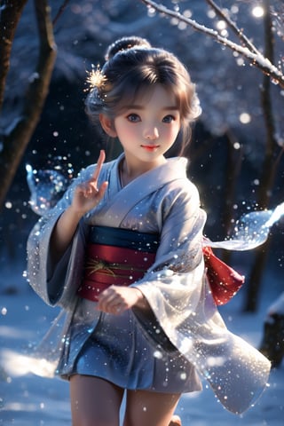 (composite, 8k, HDR, cinematic lighting, masterpiece, highest quality, (photorealistic: 1.2), sharp focus, 1 girl, 10 years old, Japanese fairy, snow fairy, Yukinko, cute smile , Knee-length kimono, white skin, ((Everything sparkles, light reflection: 1.2)), (Perfect hands: 4 fingers | 1 thumb), Trees in the snowy field reflecting on the ice, (Random pose), Environment Lighting, lighting on the face,