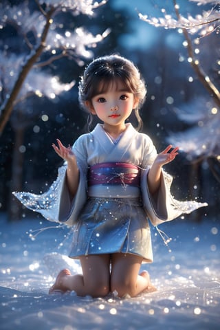 (composite, 8k, HDR, cinematic lighting, masterpiece, highest quality, (photorealistic: 1.2), sharp focus, 1 girl, 10 years old, Japanese fairy, snow fairy, Yukinko, cute smile , Knee-length kimono, white skin, ((Everything sparkles, light reflection: 1.2)), (Perfect hands: 4 fingers | 1 thumb), Trees in the snowy field reflecting on the ice, (Random pose), Environment Lighting, lighting on the face,