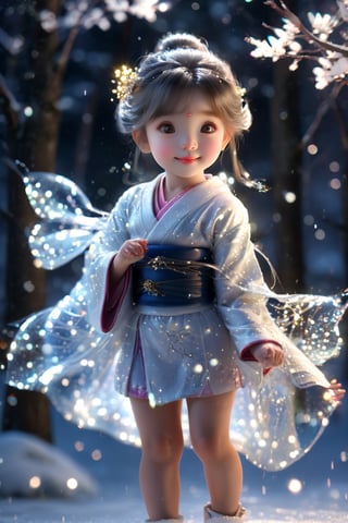 (composite, 8k, HDR, cinematic lighting, masterpiece, highest quality, (photorealistic: 1.2), sharp focus, 1 girl, 10 years old, Japanese fairy, snow fairy, Yukinko, cute smile , Knee-length kimono, white skin, ((Everything sparkles, light reflection: 1.2)), (Perfect hands: 4 fingers | 1 thumb), Trees in the snowy field reflecting on the ice, (Random pose), Environment Lighting, lighting on the face,