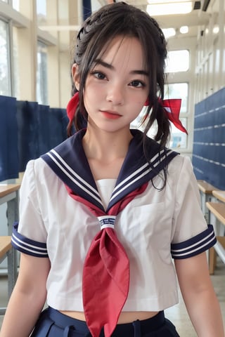 1girl, solo, pale skin, black hair, at school, focus on girl, unbuttoned, upper_body, school uniform, serafuku, neckerchief, short sleeves, sailor collar, shirt, red neckerchief, 