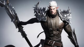 wallpaper character, solo, long hair, 1boy, monochrome, weapon, white hair, male focus, pointy ears, belt, armor, gun, lost ark