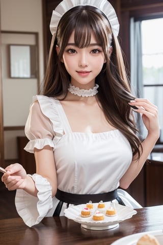 (masterpiece,  best quality:1.3) highres,  8k,  photorealistic,  1 girl per 1 photo,  full body shot,  directly front view,  a Japanese young pretty woman,  wearing a short sleeve satin silky black cute maid costume in the cafe with a big smile,  wearing a white frilled headband,  frilled mini-skirt,  a white frilled apron,  a black choker,  glamorous figure,  hyper cute face,  glossy lips,  sweaty body,  double eyelids in both eyes,  Natural makeup,  long eyelashes,  shiny smooth light brown hair of long wavy hair,  asymmetrical bangs,  tanned skin,  central image,  8K resolution,  high detail,  detailed hairstyle,  Detailed Face,  spectacular cinematic lighting,  octane rendering,  vibrant,  hyper realistic, ( carry glass cup ,cakes on dish at plate) cake on desk