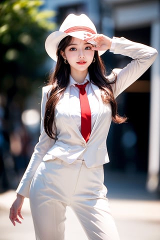 1 girl, very bright backlighting, solo, {beautiful and detailed eyes}, large breasts,calm expression, natural and soft light,delicate facial features, Blunt bangs, beautiful korean girl, eye smile, very small earrings,(wearing a white work suit, a white tie, and a red Yshirt and a white fedora hat:1.3),(long hair:1.3),drawn action:(The girl must be standing in a model pose:1.3),23yo, film grain, realhands,shy smile,(cowboy shot:1.3)