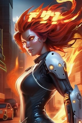 A futuristic world where a fiery-haired mechanic woman reigns supreme, her flaming arm a symbol of her power and strength.