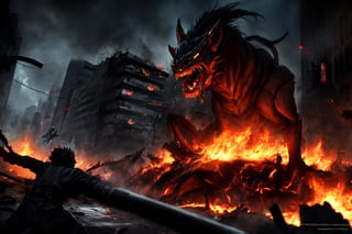 beasts attacking destroyed city high_resolution high quality. darkness,fire