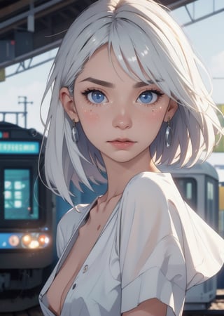 2 sisters standing behind each other, european train station, casual street clothes, backpacking in europe, travellers,

close up portrait, blurry background, depth of field,

(Style Midjourney), (Best illustrative quality 8k), (better details), 

(beautiful expressive eyes), (white skin like paper), dark hair, white hair, short hair and long hair,

eyes_details, face_details, backgroung_details, midjourney, hands_detailed,

 skeptical facial expression, skinny, slim body, flat chest