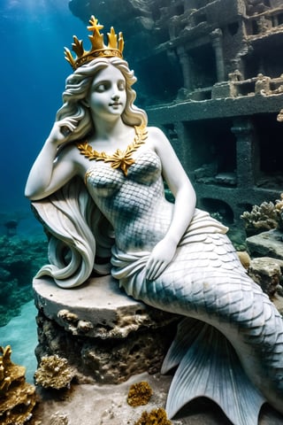 mermaid made of marble, golden crown, ancient underwater ruins