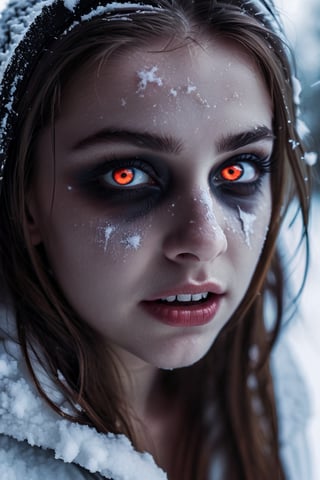  photography, a girl will transforming demon, will transforming demon, demon eyes, snow, night, creepy, scared, horrible, horror, aftereffects, sharp focus, high detail