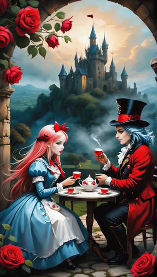 Alice and the Mad Hatter, sitting having tea at a round table, in the background a landscape of roses and a castle in ruins, both looking at each other with serenity and joy, nothing else matters around them, only their glances, the white roses They drip red paint, all with a black background with red gradients.,z1l4, in the style of esao andrews,photo r3al