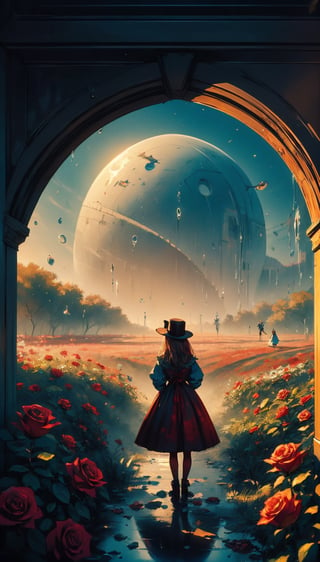 Alice and the Mad Hatter stand in the middle of a field of roses dripping red paint, looking towards the horizon.,Futuristic room