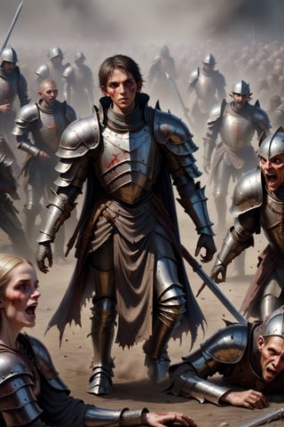 3 Characters, one of 28 years old, on his right side an 18-year-old man with dirty medieval armor, on his left side a 20-year-old woman clad in medieval armor with traces of battle looking straight ahead, on a battlefield, front To them an army of demons, on the floor many people lying with their armor on.
,biopunk style