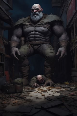 ((1 bald giant)) with torn and dirty clothes, vomiting on the floor, in a dark decaying city, many men dressed in black suits around the giants eating vomit from the floor.  ((extra realistic)),Void volumes,FFIXBG