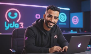 cute arabic man 35 years old, style pixar, in youtube studio, half body, mistic composition, smiling, the studio has a computer, laptop, neon lights  featuring YouTube logo, cyberpunk style