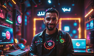 cute arabic man 35 years old, style pixar, in youtube studio, half body, mistic composition, smiling, the studio has a computer, laptop, neon lights  featuring YouTube logo, cyberpunk style