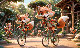 Realistic and fun image of a [fox] with a joyful expression, [riding a bicycle ]. in a zoo, giving the scene a lively, energetic atmosphere.
,disney pixar style