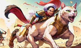 AdelEmam, ((riding on top of A battle cat:1.2)), wearing armor, running across a battlefield, ((adel emam:1.2)), (((wearing full Pharaonic clothes:1))), Egyptian theme ,furry