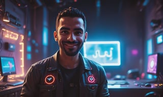 cute arabic man 35 years old, style pixar, in youtube studio, half body, mistic composition, smiling, the studio has a computer, laptop, neon lights  featuring YouTube logo, cyberpunk style