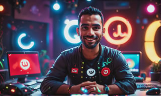 cute arabic man 35 years old, style pixar, in youtube studio, half body, mistic composition, smiling, the studio has a computer, laptop, neon lights  featuring YouTube logo 