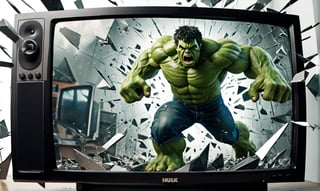 POV you looking at: a double exposure view of a: hyper surreal realistic picture of the Hulk trying to escape a TV, ((cracking the screen of the TV)), glass shards flying everywhere, action shot