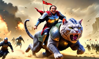 AdelEmam, riding on top of A battle cat wearing armor, running across a battlefield, ((adel emam:1.2)) , action shot, AdelEmam