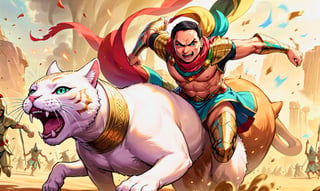 AdelEmam, ((riding on top of A battle cat:1.2)), wearing armor, running across a battlefield, ((adel emam:1.2)), (((wearing full Pharaonic clothes:1))), Egyptian theme ,furry