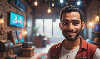 cute arabic man 35 years old, style pixar, in youtube studio, half body, mistic composition, smiling