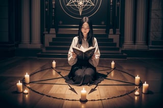 young woman with an open book sitting on the floor inside a pentagram, dark ritual, demonic