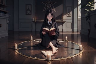 young woman with an open book sitting on the floor inside a pentagram, dark ritual, demonic